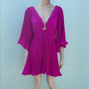 Pink Pleated Sundress with Plunge Neckline and Bell Sleeves